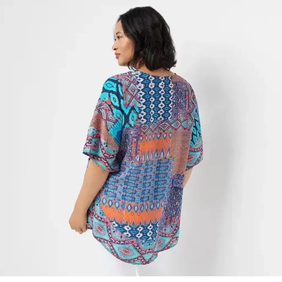 Tolani Collection Petite Printed Woven Caftan Tunic Navy Ikat PL A347419 QVC - Picture 4 of 10